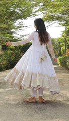 Women's White Georgette Embroidered Anarkali Kurta Pant With Dupatta-MED3-TD-6023-WHITE