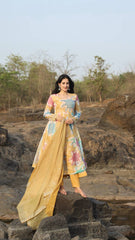 Women's Mustard Organza Foil Print Anarkali Kurta Pant With Dupatta-MED3-TD-6024-MUSTARD