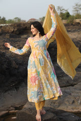 Women's Mustard Organza Foil Print Anarkali Kurta Pant With Dupatta-MED3-TD-6024-MUSTARD