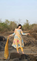 Women's Mustard Organza Foil Print Anarkali Kurta Pant With Dupatta-MED3-TD-6024-MUSTARD