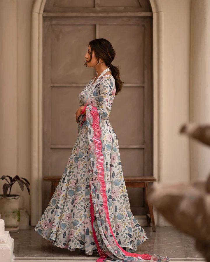 Women's Multi Chinon Printed Anarkali Gown With Dupatta