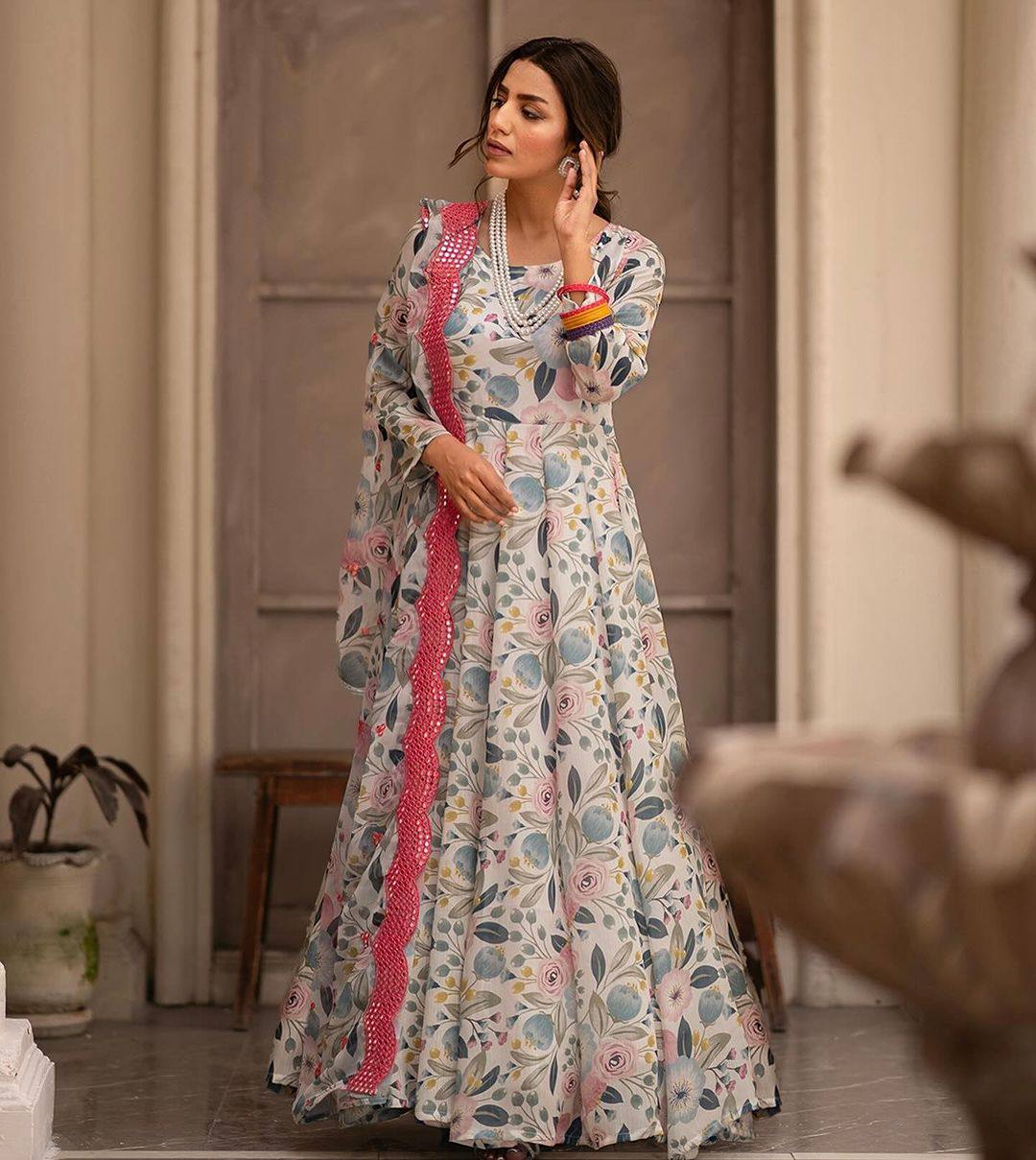 Women's Multi Chinon Printed Anarkali Gown With Dupatta
