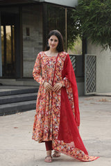 Women's Multi Muslin Embroidered Anarkali Kurta Pant With Dupatta-MED3-TD-6029-MULTI