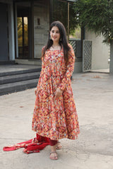 Women's Multi Muslin Embroidered Anarkali Kurta Pant With Dupatta-MED3-TD-6029-MULTI