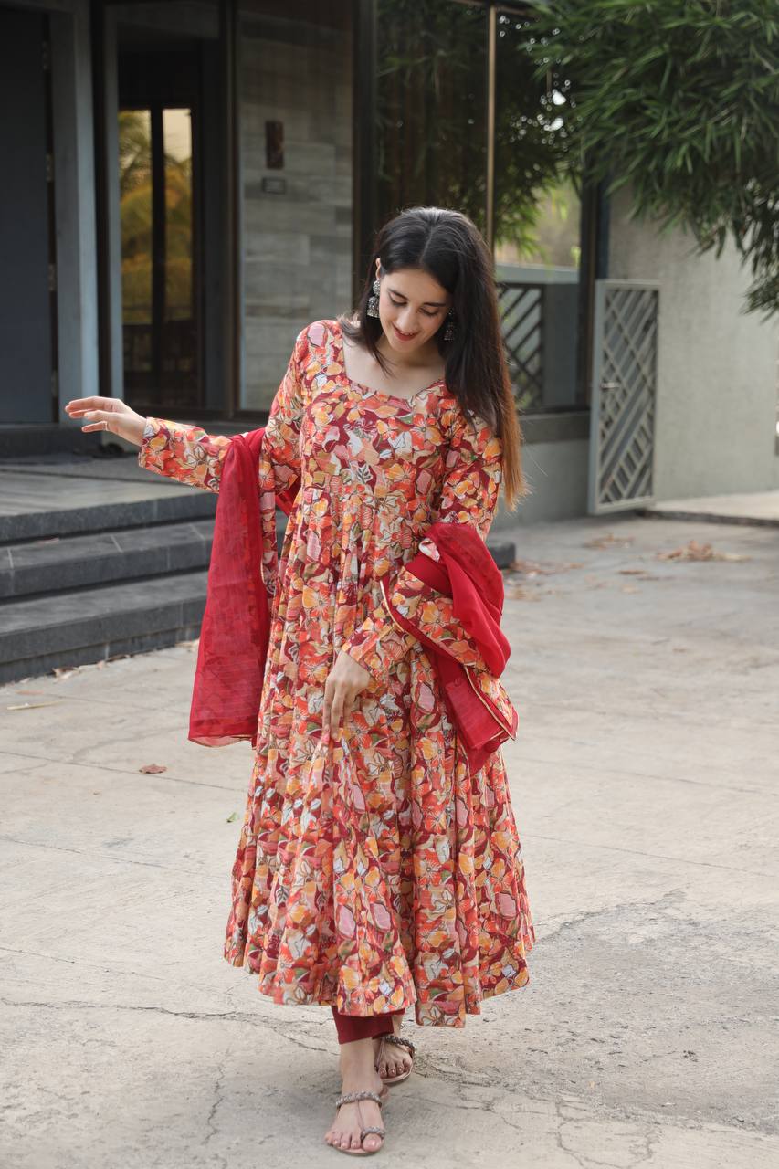 Women's Multi Muslin Embroidered Anarkali Kurta Pant With Dupatta