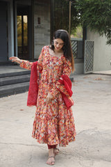 Women's Multi Muslin Embroidered Anarkali Kurta Pant With Dupatta-MED3-TD-6029-MULTI