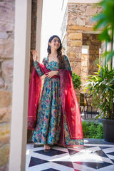 Women's Multi Muslin Digital Print Anarkali Kurta Pant With Dupatta-MED3-TD-6030-MULTI