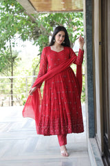 Women's Maroon Georgette Embroidered Anarkali Kurta Pant With Dupatta-MED3-TD-6031-MARUN