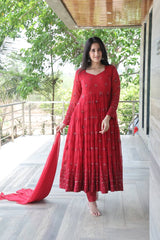 Women's Maroon Georgette Embroidered Anarkali Kurta Pant With Dupatta-MED3-TD-6031-MARUN