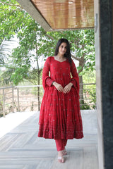 Women's Maroon Georgette Embroidered Anarkali Kurta Pant With Dupatta-MED3-TD-6031-MARUN
