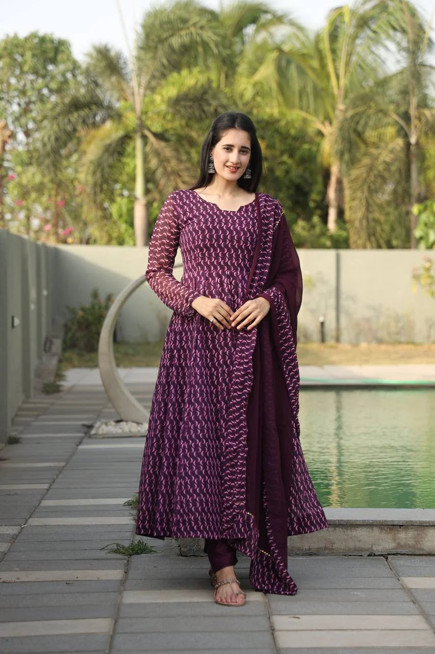 Women's Wine Georgette Digital Print Anarkali Kurta Pant With Dupatta-MED3-TD-6032-WINE