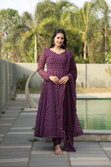 Women's Wine Georgette Digital Print Anarkali Kurta Pant With Dupatta-MED3-TD-6032-WINE