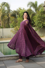 Women's Wine Georgette Digital Print Anarkali Kurta Pant With Dupatta-MED3-TD-6032-WINE