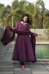 Women's Wine Georgette Digital Print Anarkali Kurta Pant With Dupatta-MED3-TD-6032-WINE