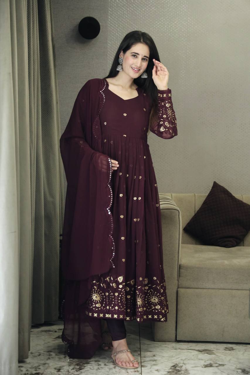 Women's Purple Faux Georgette Embroidered Anarkali Kurta Pant With Dupatta-MED3-TD-6033-PURPLE