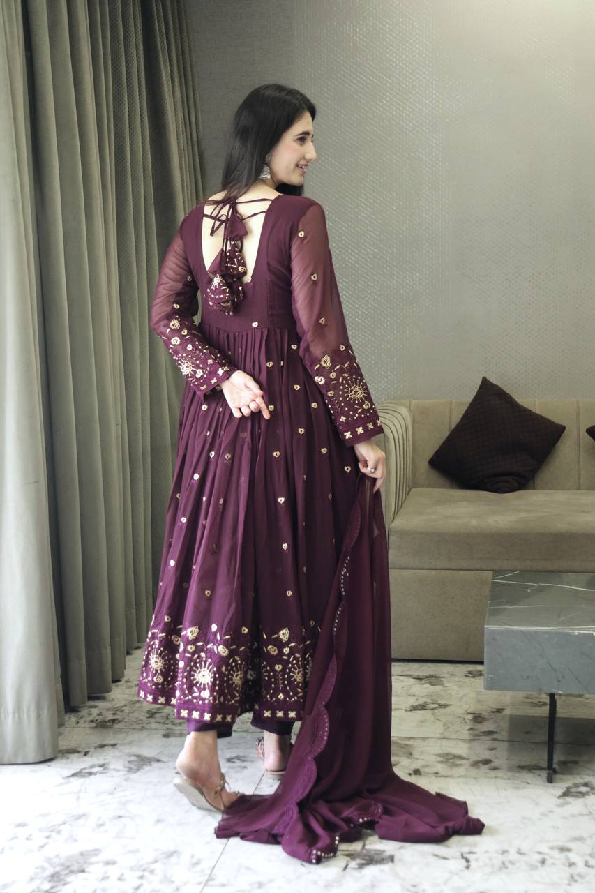 Women's Purple Faux Georgette Embroidered Anarkali Kurta Pant With Dupatta