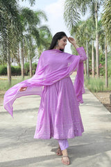 Women's Lavender Faux Georgette Embroidered Anarkali Kurta Pant With Dupatta-MED3-TD-6034-LAVENDER