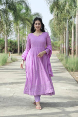 Women's Lavender Faux Georgette Embroidered Anarkali Kurta Pant With Dupatta-MED3-TD-6034-LAVENDER