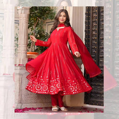 Women's Red Faux Georgette Embroidered Anarkali Kurta Pant With Dupatta-MED3-TD-6035-RED