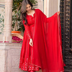 Women's Red Faux Georgette Embroidered Anarkali Kurta Pant With Dupatta-MED3-TD-6035-RED