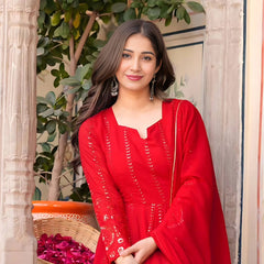 Women's Red Faux Georgette Embroidered Anarkali Kurta Pant With Dupatta-MED3-TD-6035-RED
