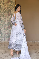 Women's White Faux Georgette Embroidered Anarkali Kurta Pant With Dupatta-MED3-TD-6036-WHITE