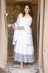 Women's White Faux Georgette Embroidered Anarkali Kurta Pant With Dupatta-MED3-TD-6036-WHITE
