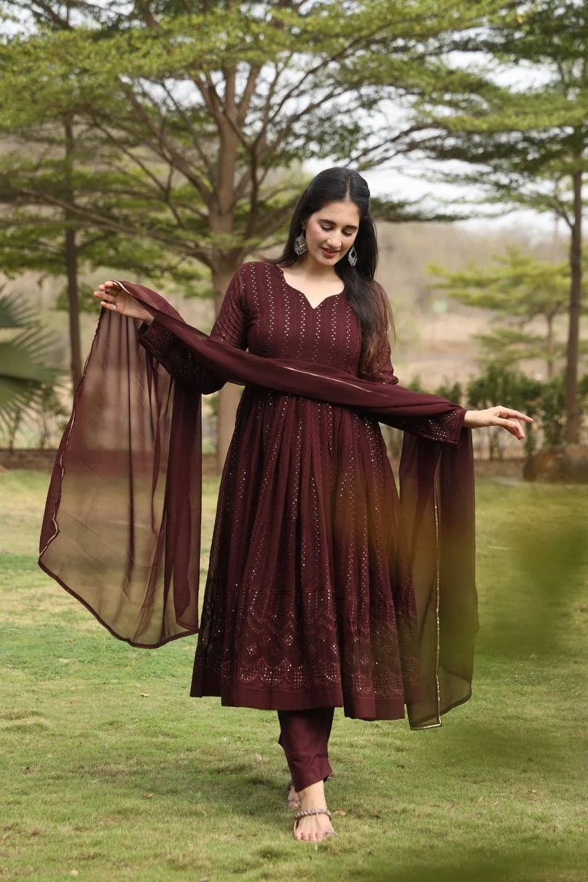 Women's Wine Georgette Embroidered Anarkali Kurta Pant With Dupatta