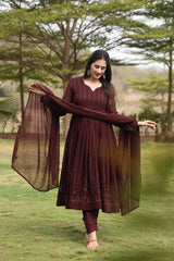 Women's Wine Georgette Embroidered Anarkali Kurta Pant With Dupatta-MED3-TD-6037-WINE