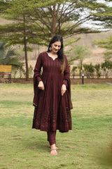 Women's Wine Georgette Embroidered Anarkali Kurta Pant With Dupatta-MED3-TD-6037-WINE