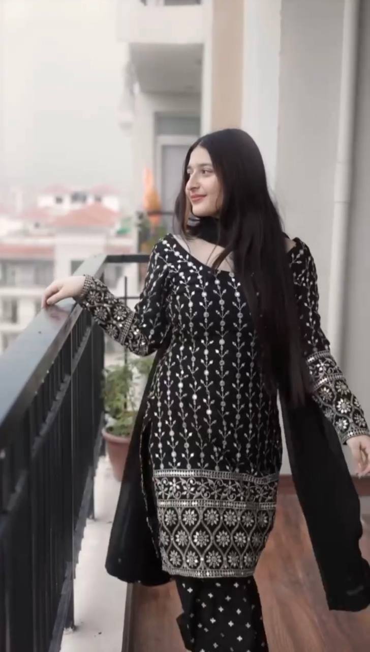 Women's Black Faux Georgette Embroidered Straight Kurta Plazzo With Dupatta
