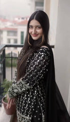 Women's Black Faux Georgette Embroidered Straight Kurta Plazzo With Dupatta-MED3-TD-6038-BLACK