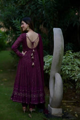 Women's Wine Faux Georgette Embroidered Anarkali Kurta Pant With Dupatta-MED3-TD-6039-WINE