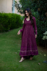 Women's Wine Faux Georgette Embroidered Anarkali Kurta Pant With Dupatta-MED3-TD-6039-WINE