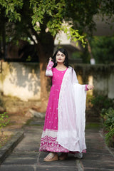 Women's Pink Faux Georgette Embroidered Anarkali Kurta Pant With Dupatta-MED3-TD-6040-PINK