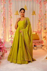 Women's Green Roman Silk Sequence Anarkali Kurta Pant With Dupatta-MED3-TD-6041-PARROT