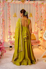 Women's Green Roman Silk Sequence Anarkali Kurta Pant With Dupatta-MED3-TD-6041-PARROT