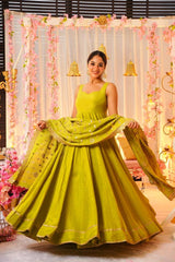 Women's Green Roman Silk Sequence Anarkali Kurta Pant With Dupatta-MED3-TD-6041-PARROT
