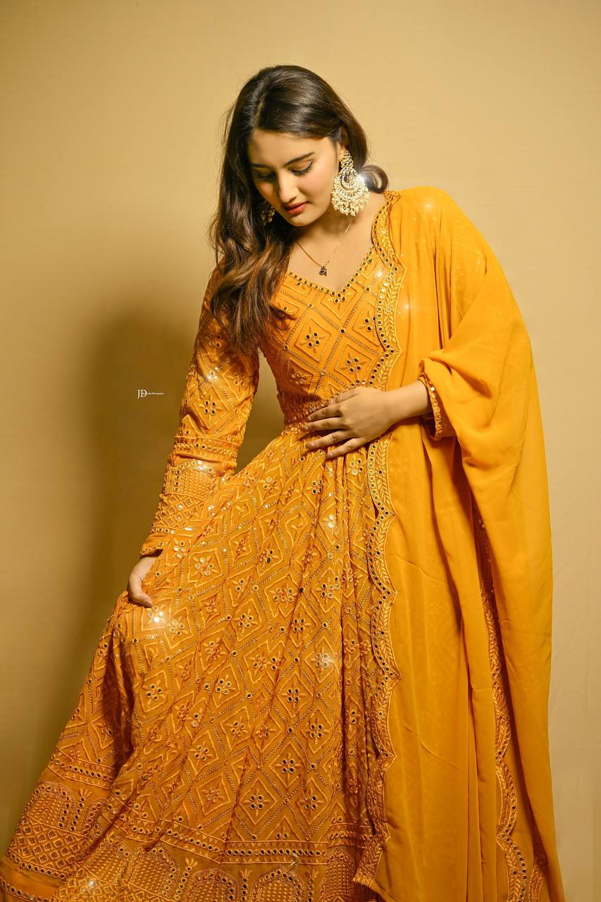 Women's Mustard Faux Georgette Embroidered Anarkali Kurta Pant With Dupatta-MED3-TD-6042-MUSTARD