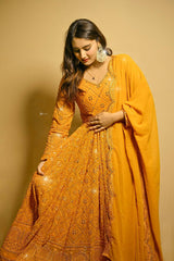 Women's Mustard Faux Georgette Embroidered Anarkali Kurta Pant With Dupatta-MED3-TD-6042-MUSTARD