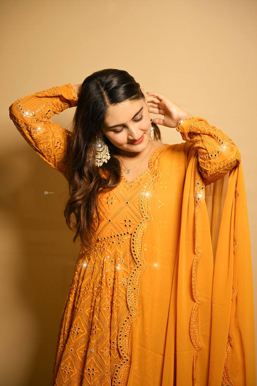Women's Mustard Faux Georgette Embroidered Anarkali Kurta Pant With Dupatta