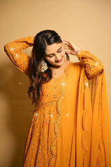 Women's Mustard Faux Georgette Embroidered Anarkali Kurta Pant With Dupatta-MED3-TD-6042-MUSTARD