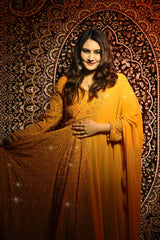 Women's Mustard Faux Georgette Embroidered Anarkali Kurta Pant With Dupatta-MED3-TD-6042-MUSTARD