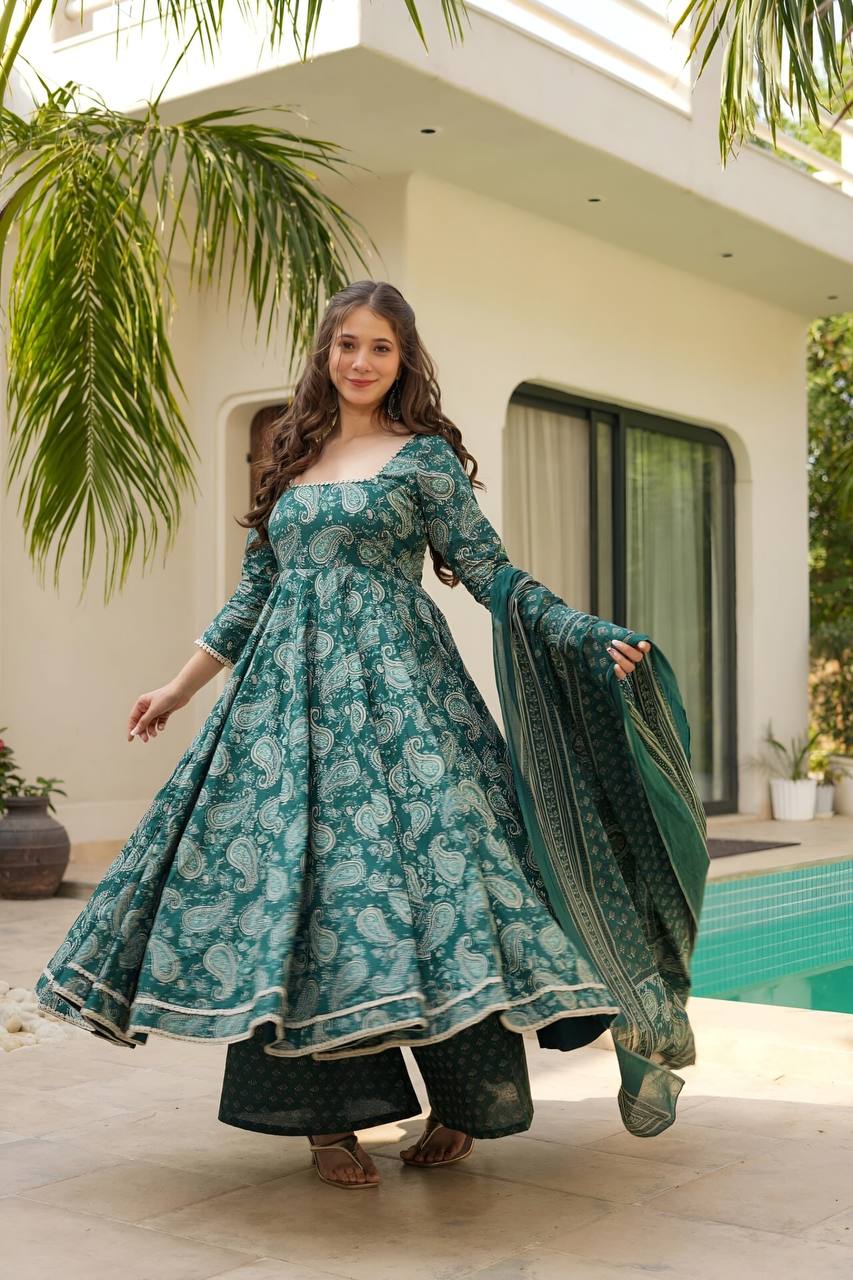 Women's Green Muslin Digital Print Anarkali Kurta Pant With Dupatta-MED3-TD-6043-GREEN
