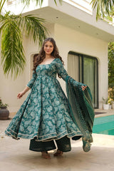 Women's Green Muslin Digital Print Anarkali Kurta Pant With Dupatta-MED3-TD-6043-GREEN