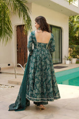 Women's Green Muslin Digital Print Anarkali Kurta Pant With Dupatta-MED3-TD-6043-GREEN