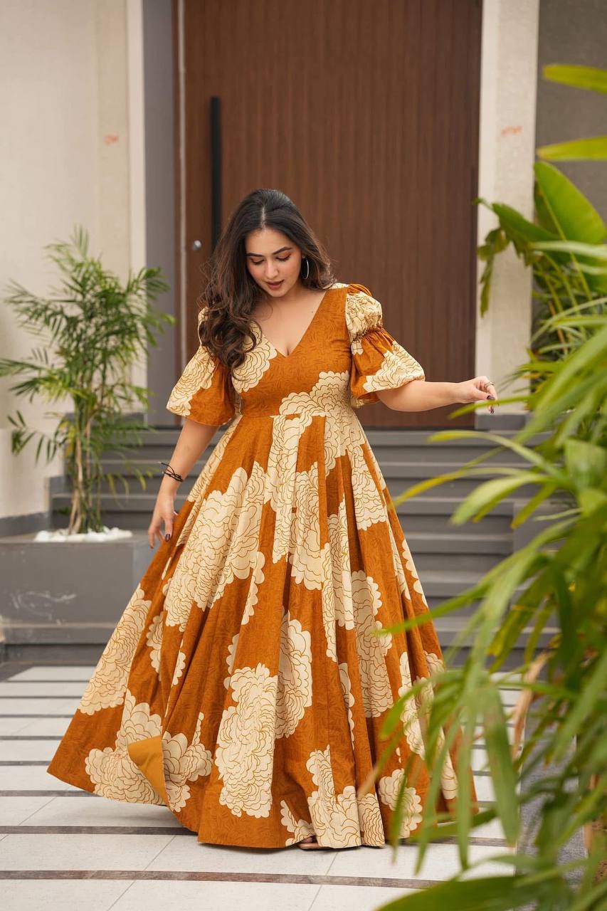 Women's Mustard Muslin Digital Print Anarkali Gown With Pant-MED3-TD-6045-MUSTARD