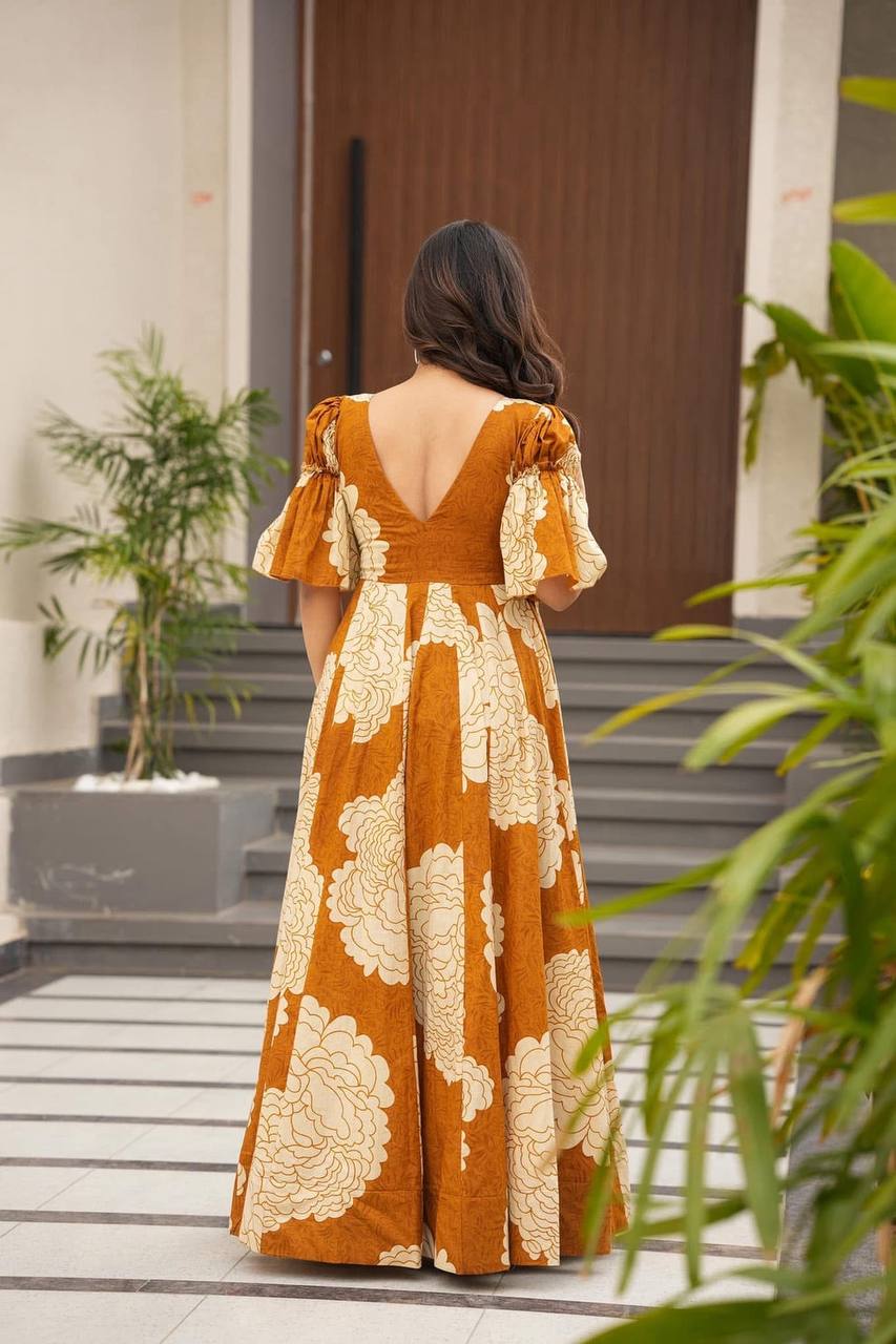 Women's Mustard Muslin Digital Print Anarkali Gown With Pant