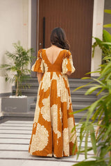 Women's Mustard Muslin Digital Print Anarkali Gown With Pant-MED3-TD-6045-MUSTARD