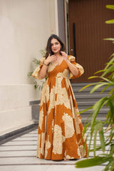 Women's Mustard Muslin Digital Print Anarkali Gown With Pant-MED3-TD-6045-MUSTARD